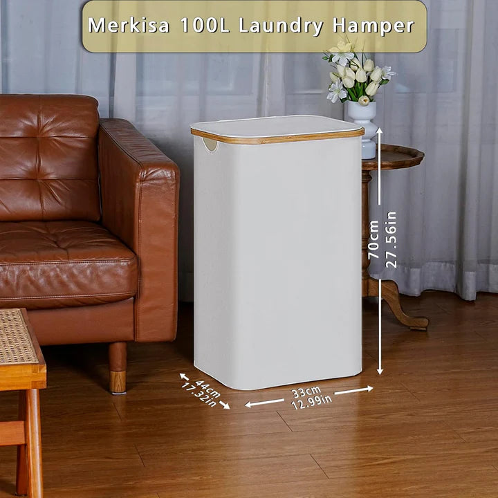 Grand panier à linge en bambou de 100 L avec couvercle
